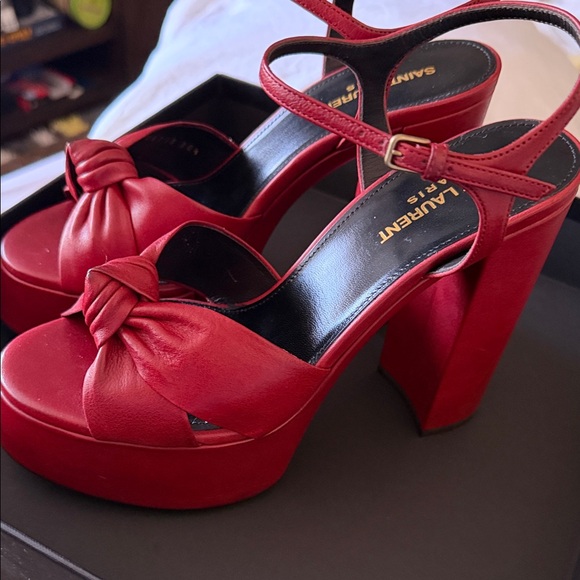 Saint Laurent Red Leather Knot Platform Sandals - Picture 2 of 10